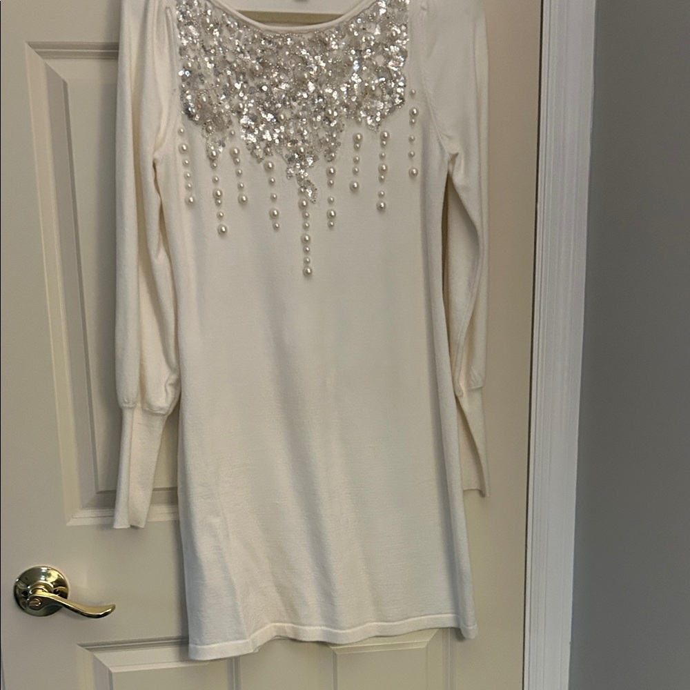 Boston Proper White Top with Silver Sequin and Pearl Detail